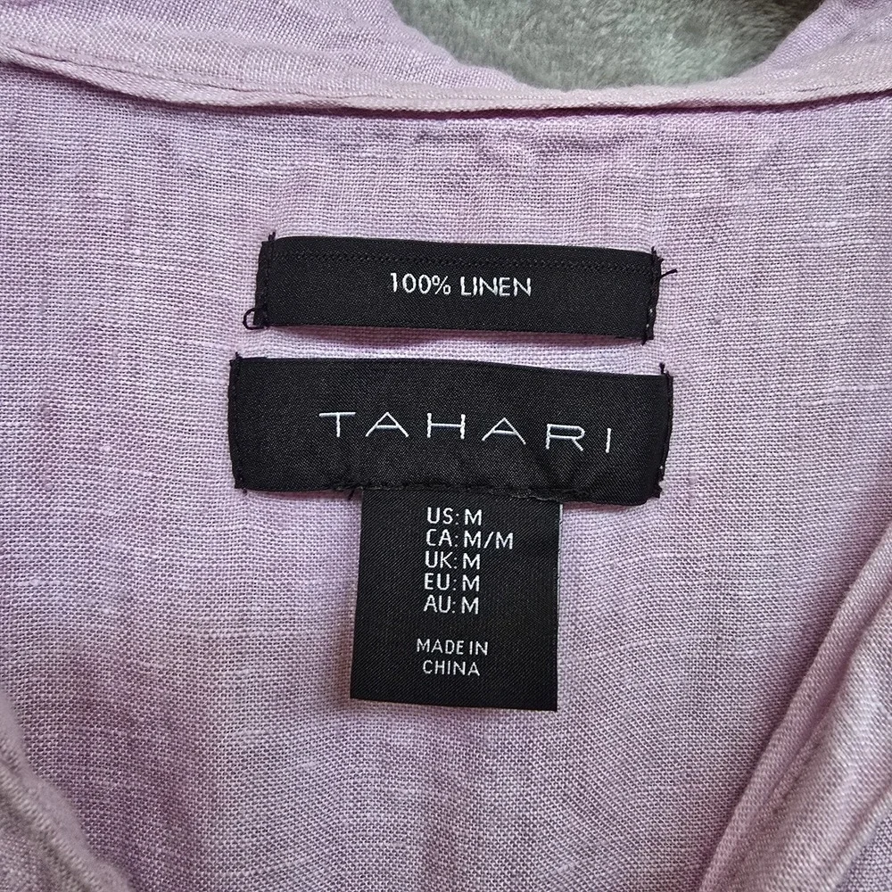 Tahari 100% Linen Button Down Tunic Top Pink Lightweight Roll-Tab Sleeves Medium - Picture 2 of 9